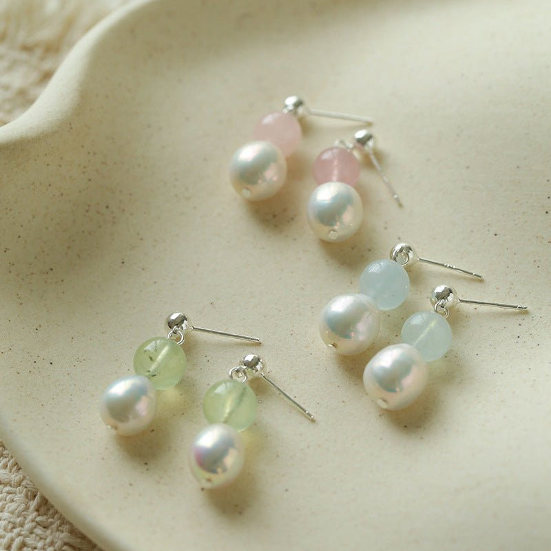 Macaron Three-Tone Crystal Freshwater Pearl Drop Earrings - floysun