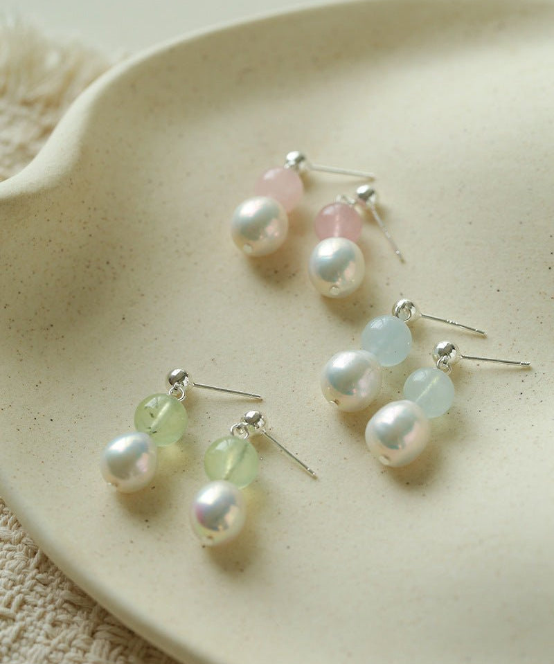 Macaron Three-Tone Crystal Freshwater Pearl Drop Earrings - floysun