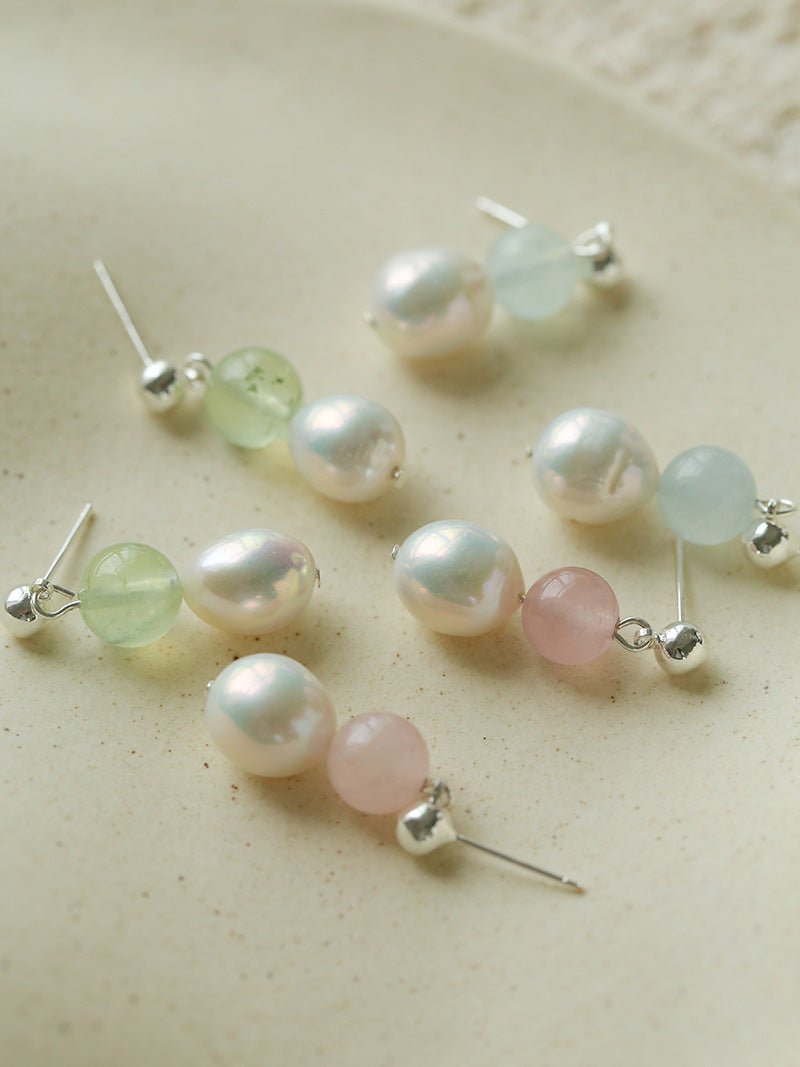 Macaron Three-Tone Crystal Freshwater Pearl Drop Earrings - floysun