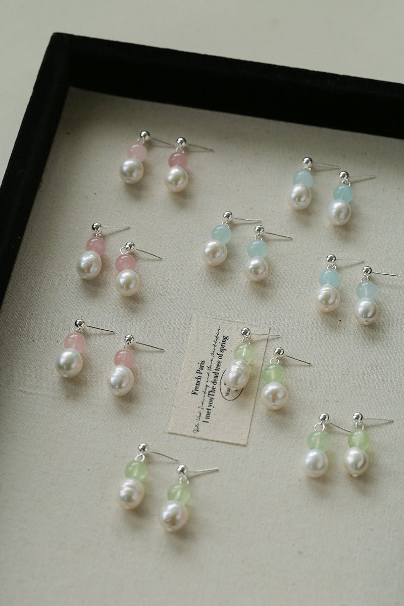 Macaron Three-Tone Crystal Freshwater Pearl Drop Earrings - floysun