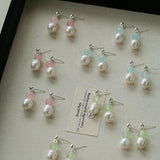 Macaron Three-Tone Crystal Freshwater Pearl Drop Earrings - floysun