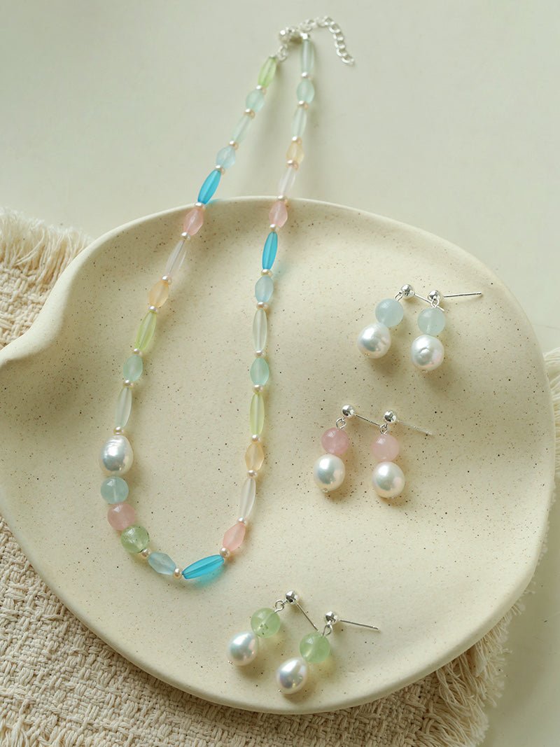 Macaron Three-Tone Crystal Freshwater Pearl Drop Earrings - floysun