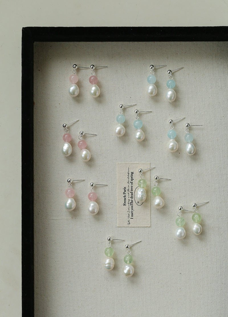Macaron Three-Tone Crystal Freshwater Pearl Drop Earrings - floysun