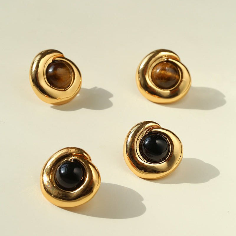 Maillard Vintage Tiger Eye & Black Agate Stud Earrings - floysun