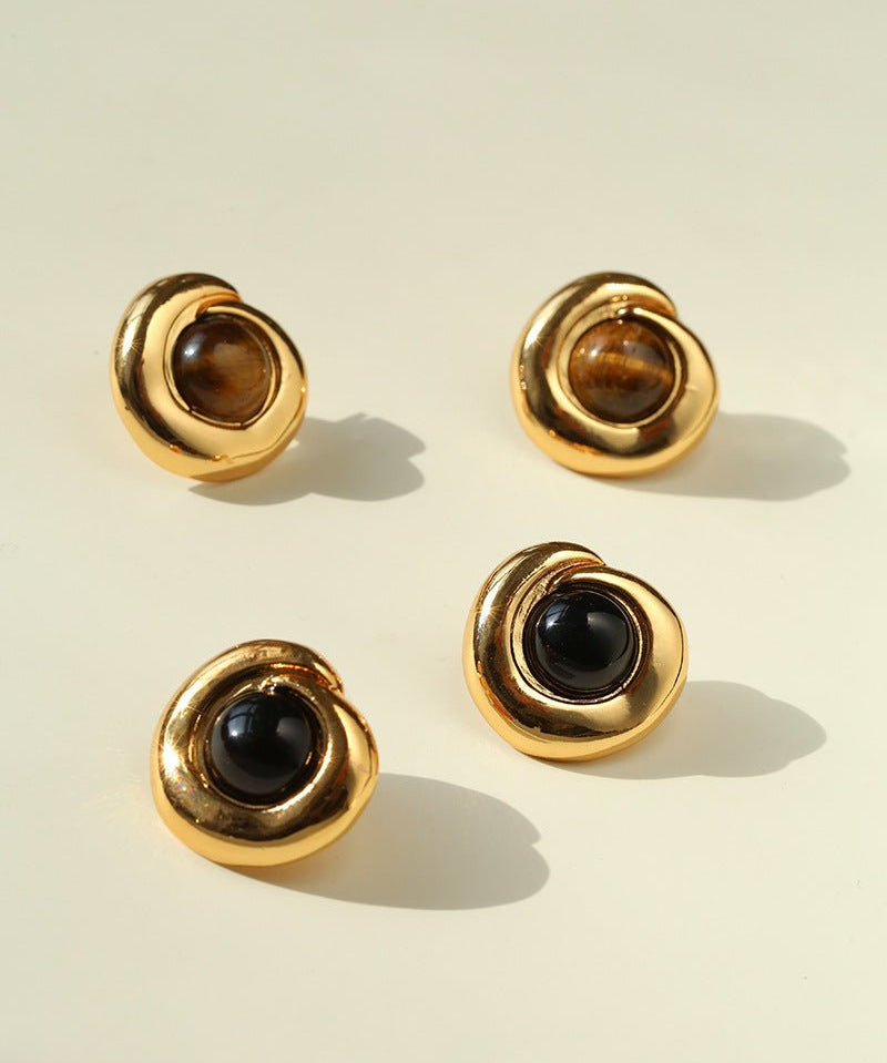 Maillard Vintage Tiger Eye & Black Agate Stud Earrings - floysun