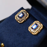 Matte Gold Square Hollow Diamond Wrapped Sapphire Stud Earrings - floysun