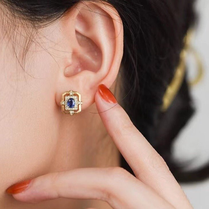 Matte Gold Square Hollow Diamond Wrapped Sapphire Stud Earrings - floysun