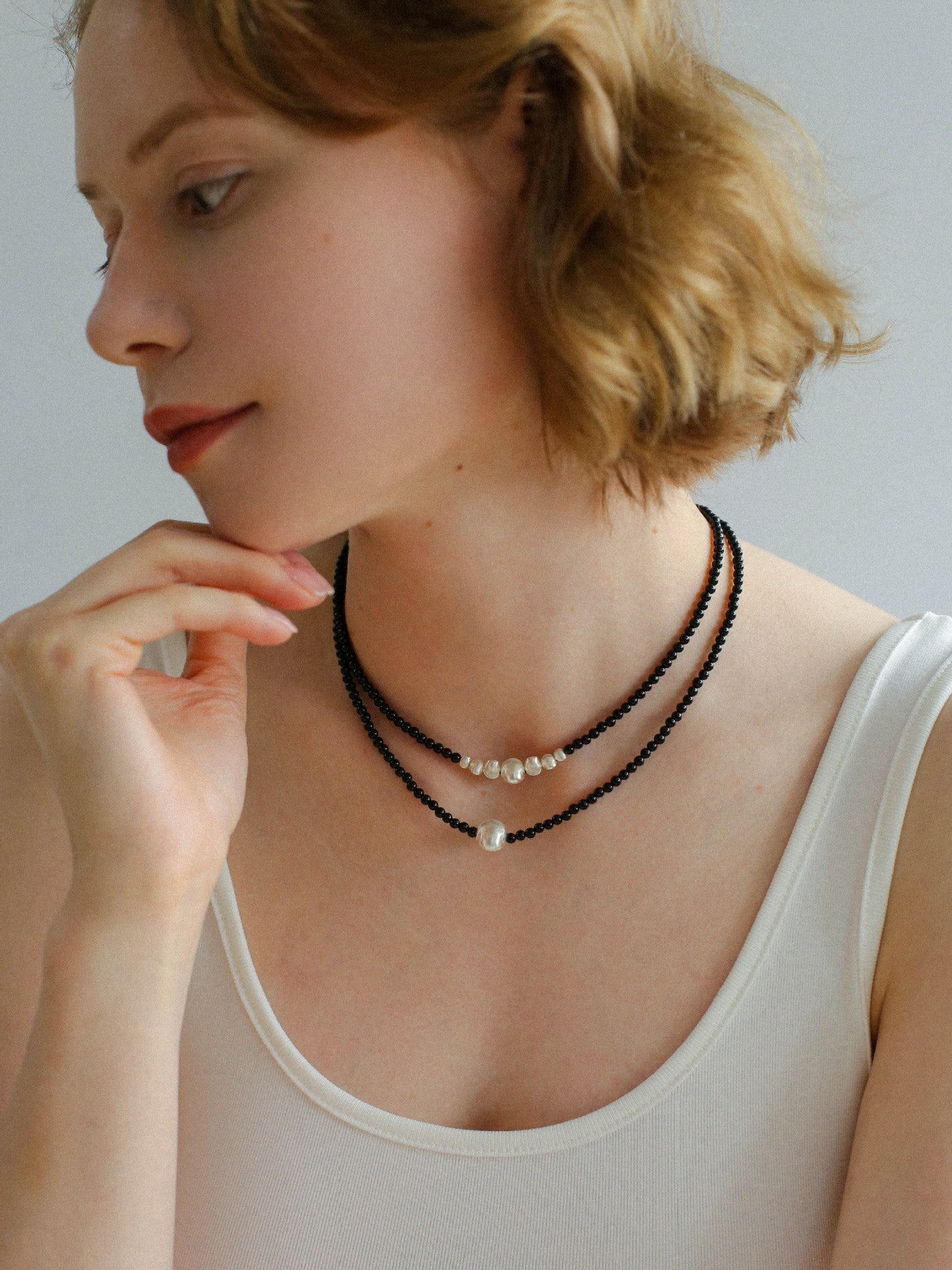 Matte Silver Bead and Black Agate Beaded Necklace - floysun