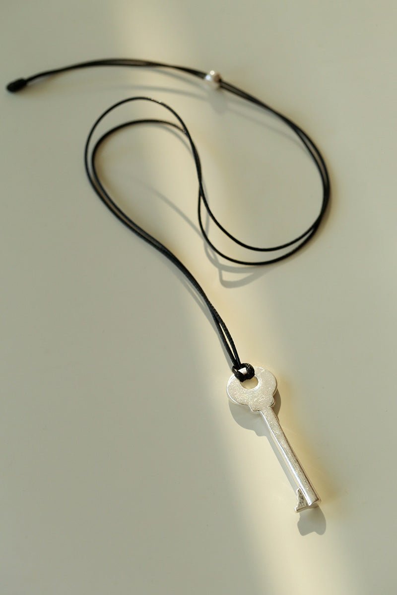 Matte Silver Key Pendant Necklace – Adjustable Black Cord Long Necklace - floysun
