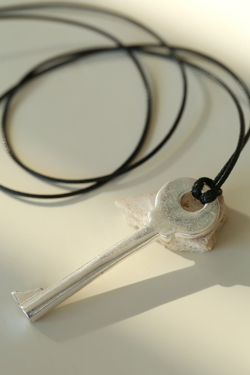 Matte Silver Key Pendant Necklace – Adjustable Black Cord Long Necklace - floysun