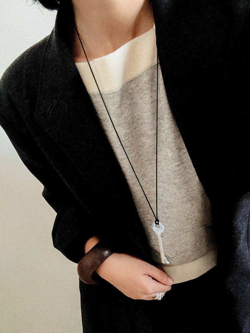 Matte Silver Key Pendant Necklace – Adjustable Black Cord Long Necklace - floysun
