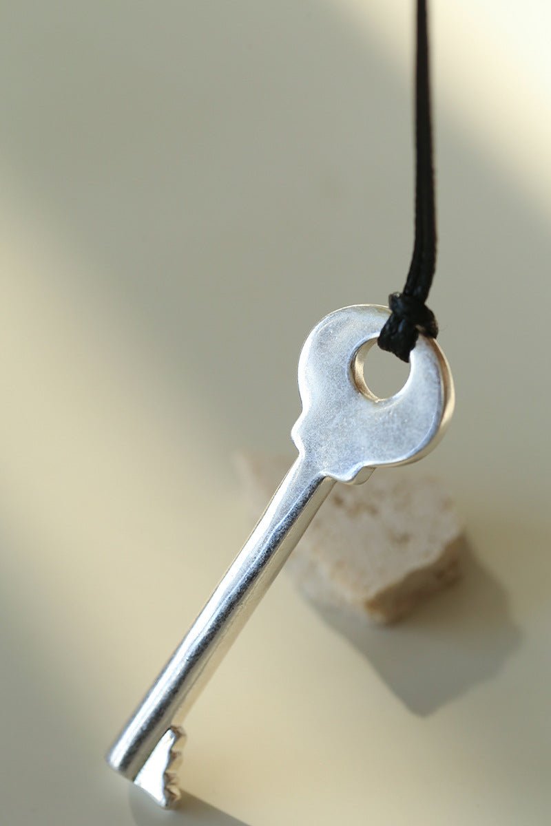 Matte Silver Key Pendant Necklace – Adjustable Black Cord Long Necklace - floysun