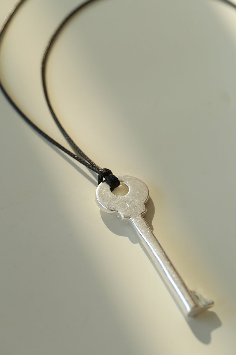 Matte Silver Key Pendant Necklace – Adjustable Black Cord Long Necklace - floysun