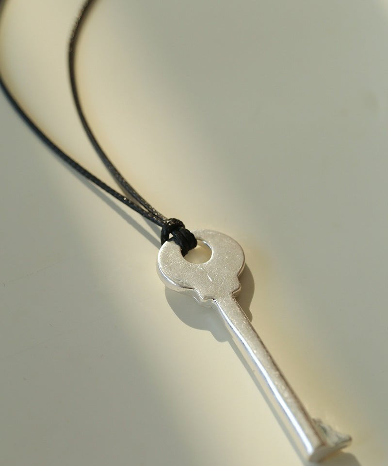 Matte Silver Key Pendant Necklace – Adjustable Black Cord Long Necklace - floysun