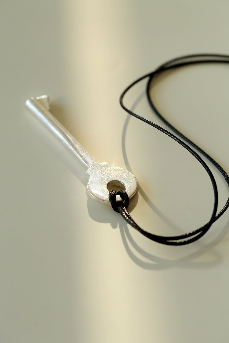 Matte Silver Key Pendant Necklace – Adjustable Black Cord Long Necklace - floysun