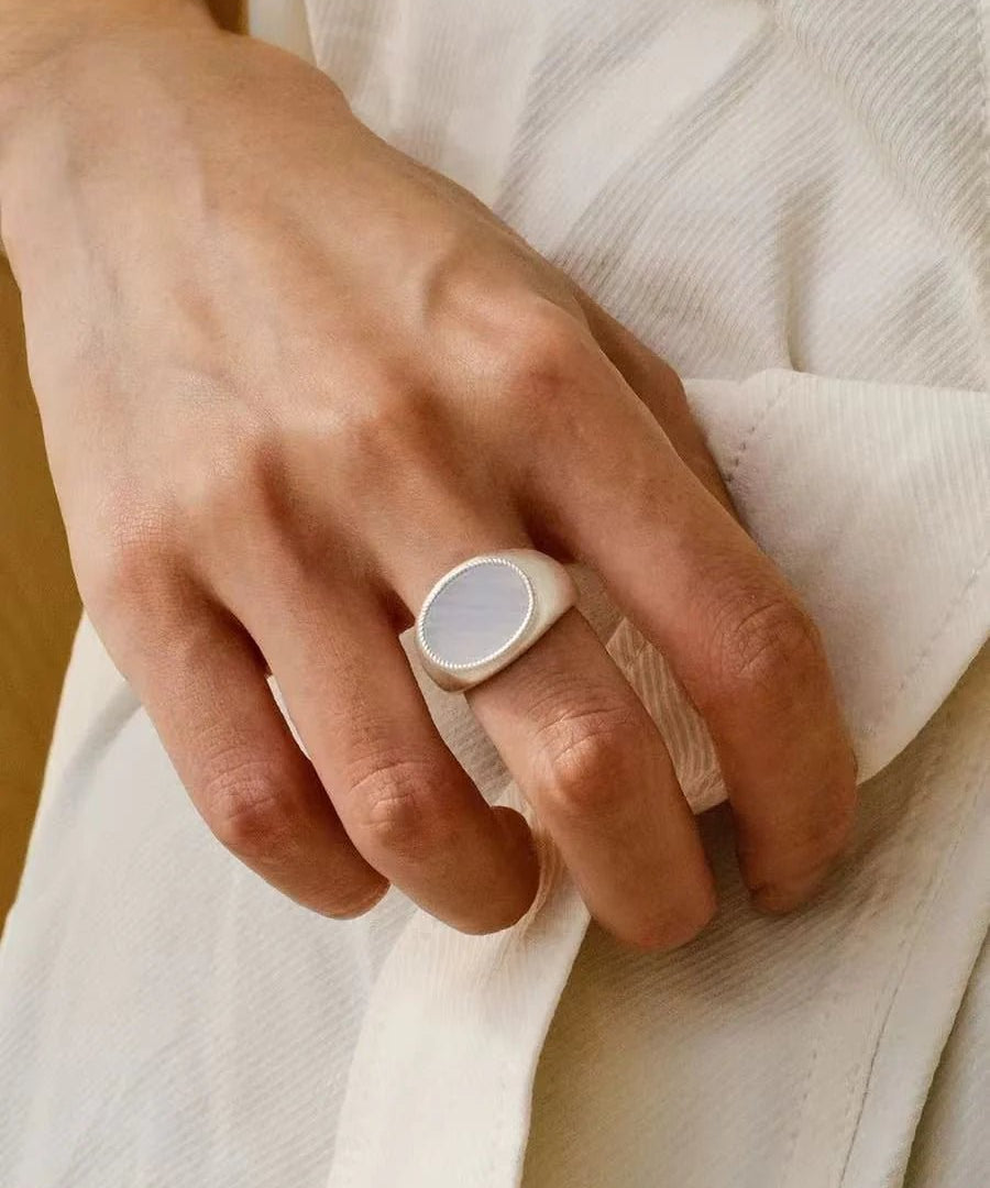 Matte Sterling Silver Semi - Precious Series 925 Silver Oval Ring - floysun