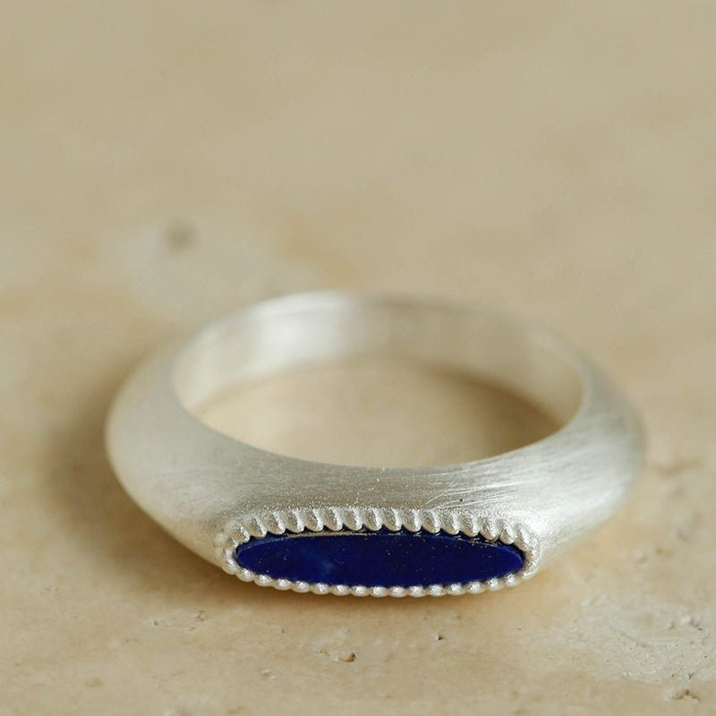 Matte Sterling Silver Semi - Precious Series Band Ring - Blue Lapis Lazuli - floysun