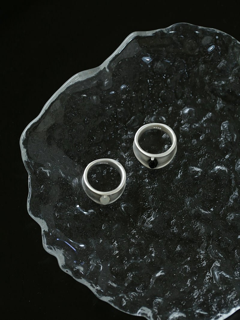 Matte Sterling Silver Series Black Hole Ring Black Agate/Gray Chalcedony - floysun