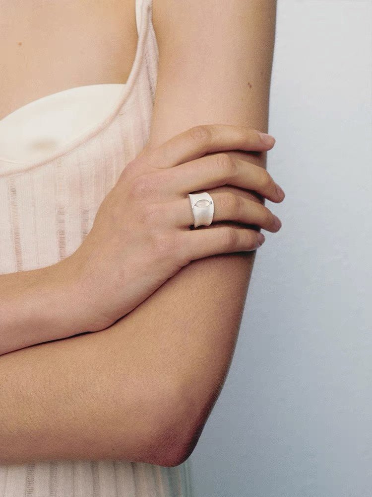 Matte Sterling Silver Series Black Hole Ring Black Agate/Gray Chalcedony - floysun