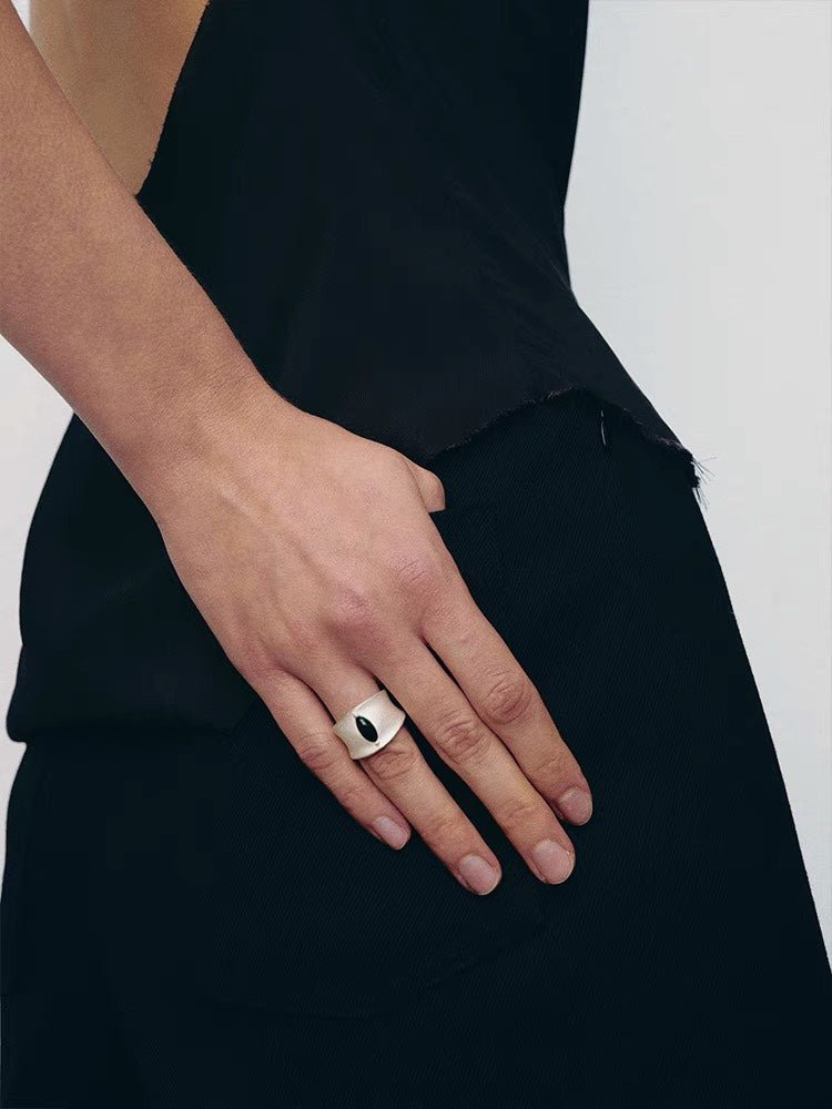 Matte Sterling Silver Series Black Hole Ring Black Agate/Gray Chalcedony - floysun