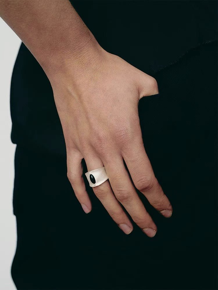 Matte Sterling Silver Series Black Hole Ring Black Agate/Gray Chalcedony - floysun