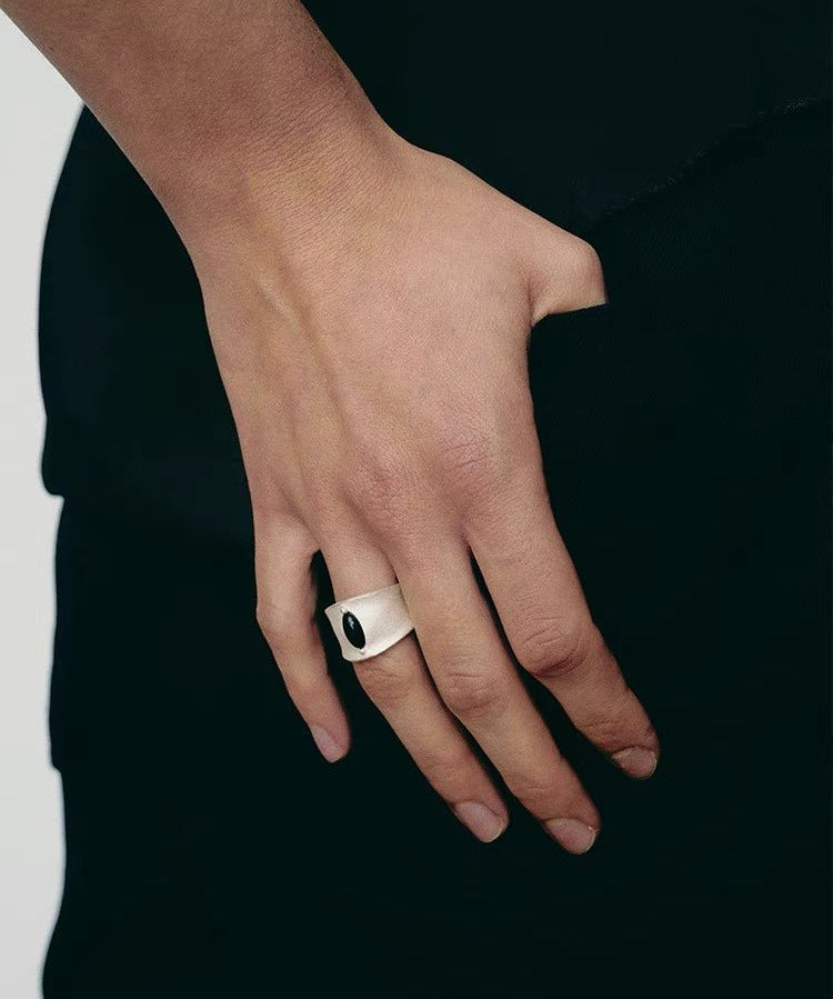 Matte Sterling Silver Series Black Hole Ring Black Agate/Gray Chalcedony - floysun