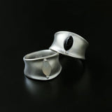 Matte Sterling Silver Series Black Hole Ring Black Agate/Gray Chalcedony - floysun