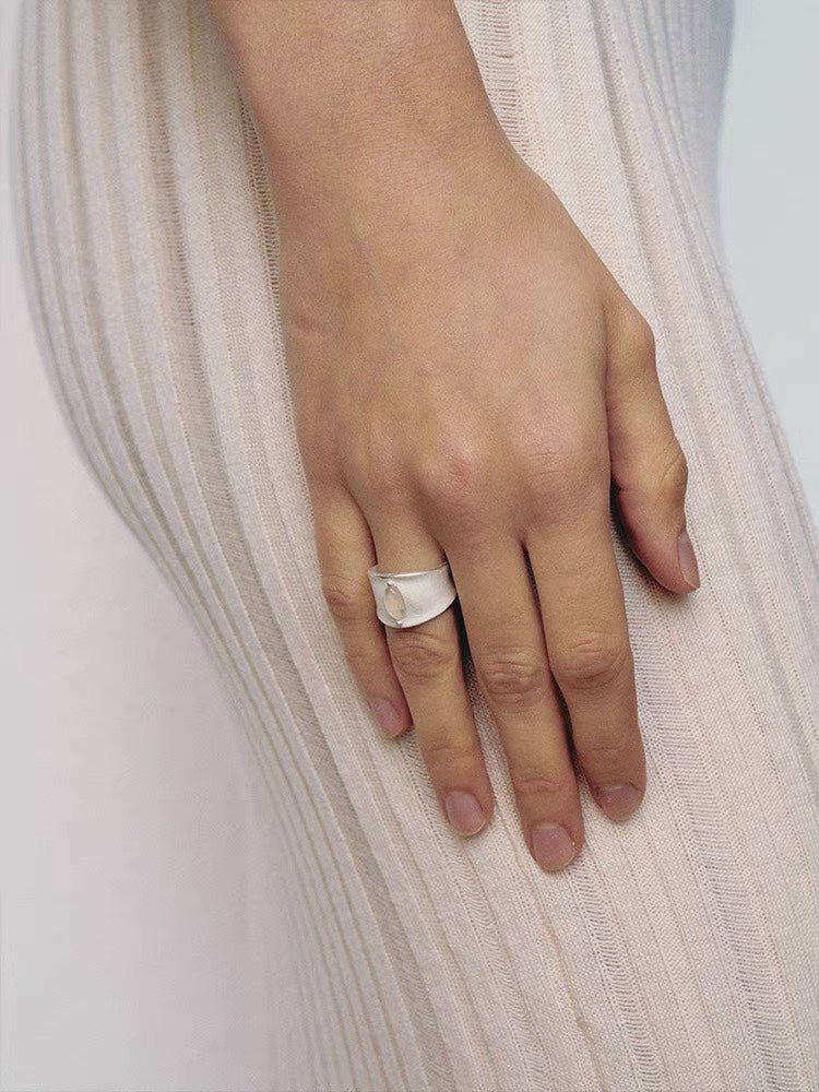 Matte Sterling Silver Series Black Hole Ring Black Agate/Gray Chalcedony - floysun
