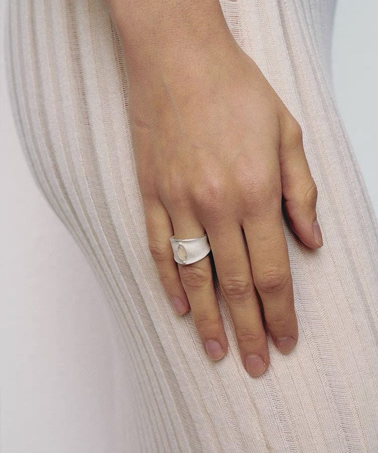 Matte Sterling Silver Series Black Hole Ring Black Agate/Gray Chalcedony - floysun