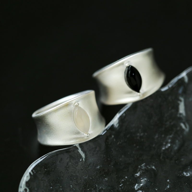 Matte Sterling Silver Series Black Hole Ring Black Agate/Gray Chalcedony - floysun