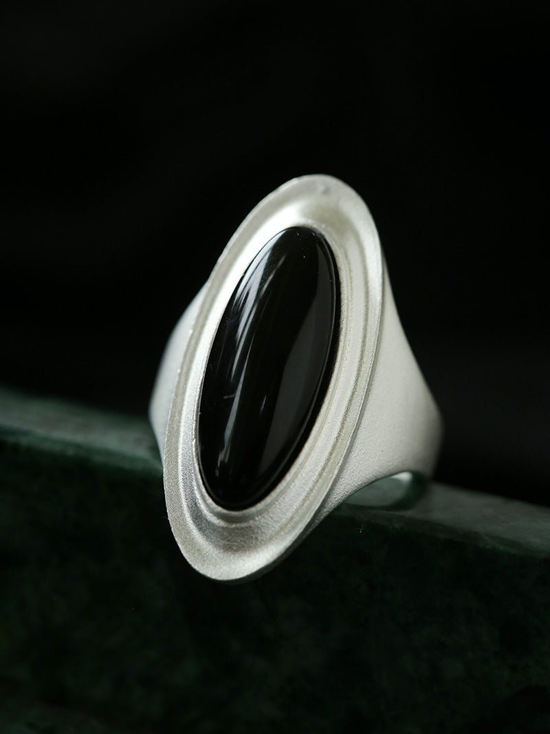 Matte Sterling Silver Series Stellar Ring with Oval Black Onyx/Gray Chalcedony - floysun