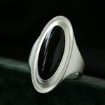 Matte Sterling Silver Series Stellar Ring with Oval Black Onyx/Gray Chalcedony - floysun