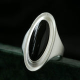 Matte Sterling Silver Series Stellar Ring with Oval Black Onyx/Gray Chalcedony - floysun