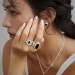 Matte Sterling Silver Series Stellar Ring with Oval Black Onyx/Gray Chalcedony - floysun