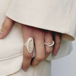 Matte Sterling Silver Series Stellar Ring with Oval Black Onyx/Gray Chalcedony - floysun