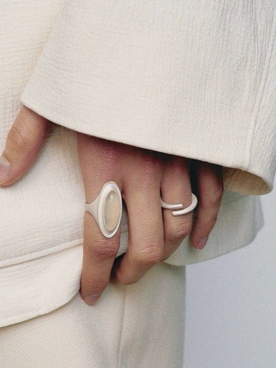 Matte Sterling Silver Series Stellar Ring with Oval Black Onyx/Gray Chalcedony - floysun
