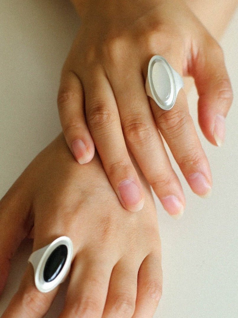 Matte Sterling Silver Series Stellar Ring with Oval Black Onyx/Gray Chalcedony - floysun