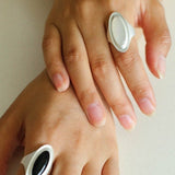 Matte Sterling Silver Series Stellar Ring with Oval Black Onyx/Gray Chalcedony - floysun