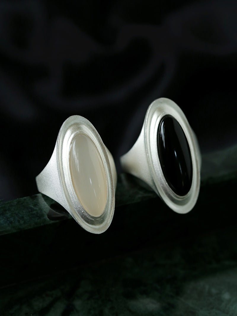 Matte Sterling Silver Series Stellar Ring with Oval Black Onyx/Gray Chalcedony - floysun