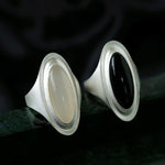Matte Sterling Silver Series Stellar Ring with Oval Black Onyx/Gray Chalcedony - floysun