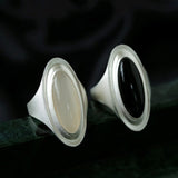 Matte Sterling Silver Series Stellar Ring with Oval Black Onyx/Gray Chalcedony - floysun