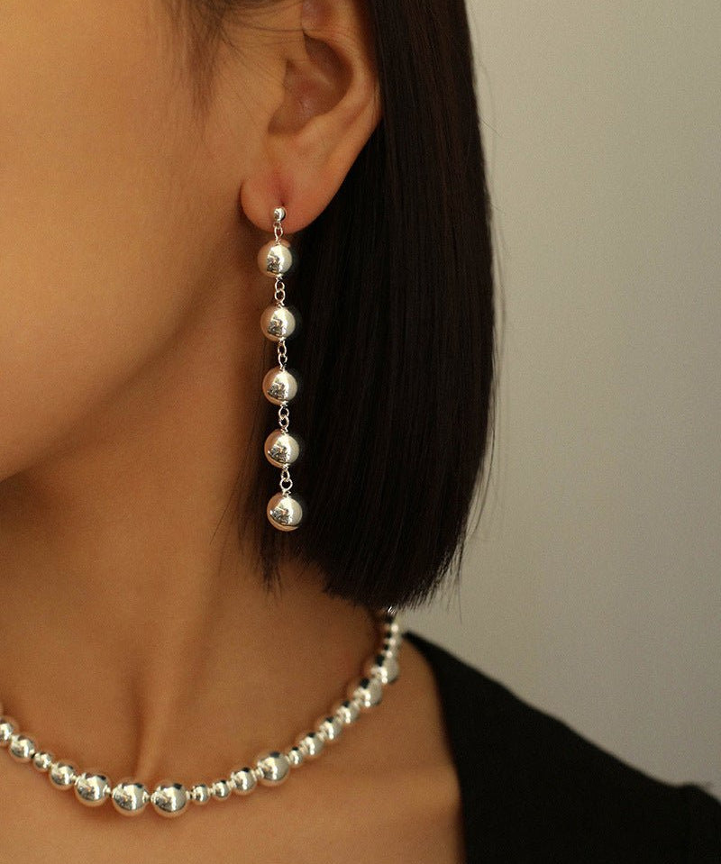Metal Ball Beaded Spliced Pearl Drop Long Earrings - floysun