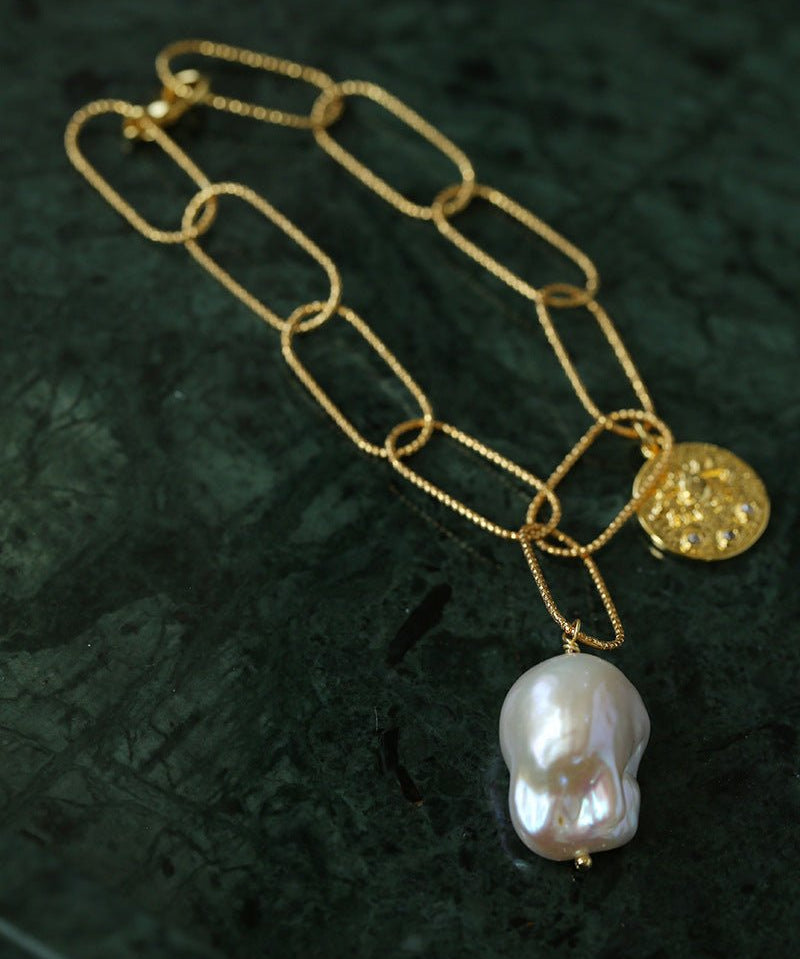 Metal Thick Chain Baroque Pearl Charm Bracelet - floysun