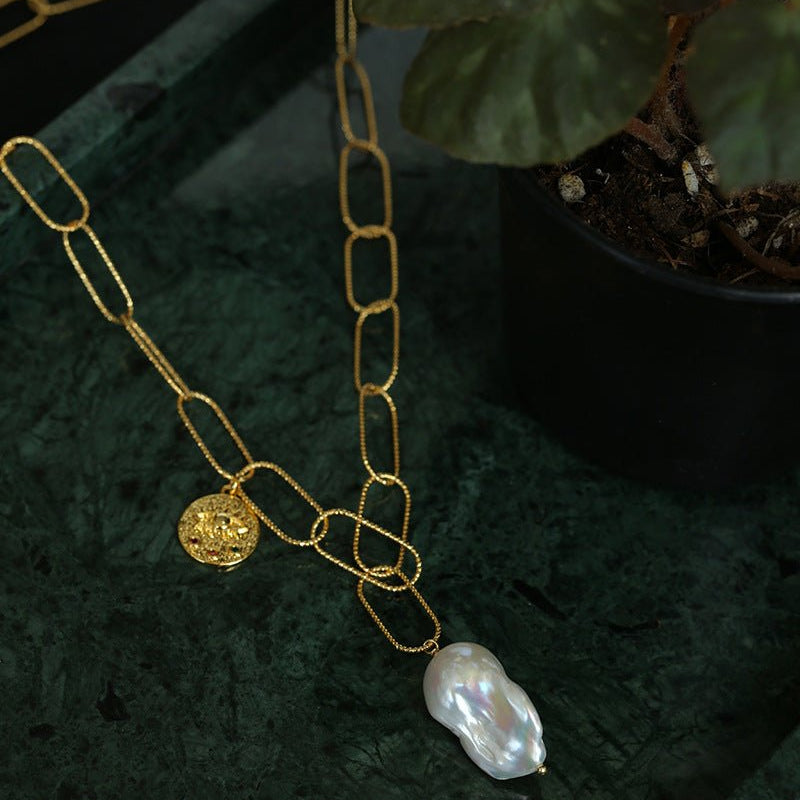 Metal Thick Chain Baroque Pearl Pendant Necklace - floysun