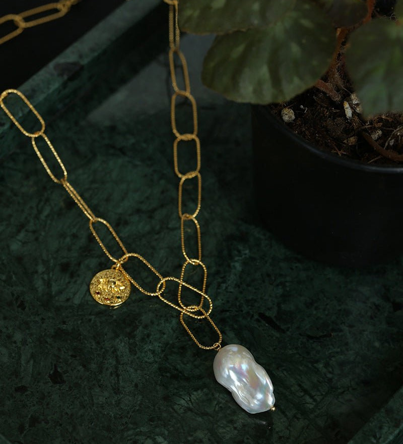 Metal Thick Chain Baroque Pearl Pendant Necklace - floysun
