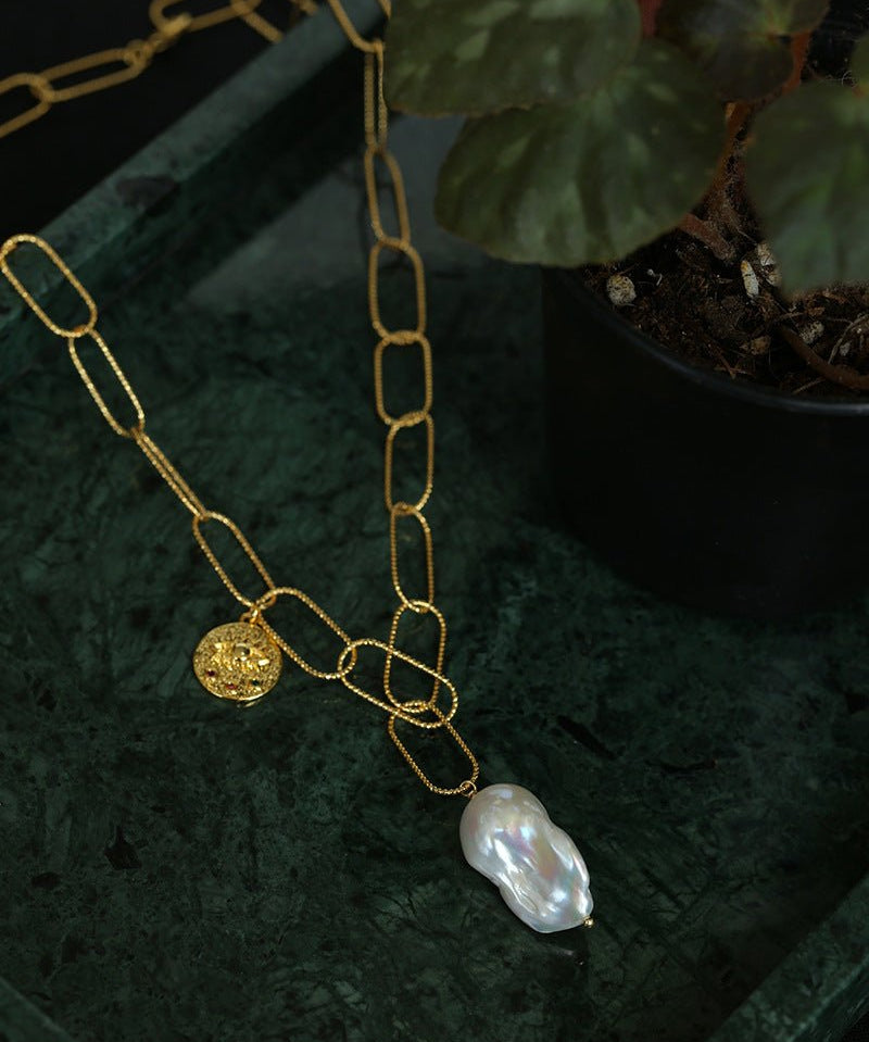 Metal Thick Chain Baroque Pearl Pendant Necklace - floysun