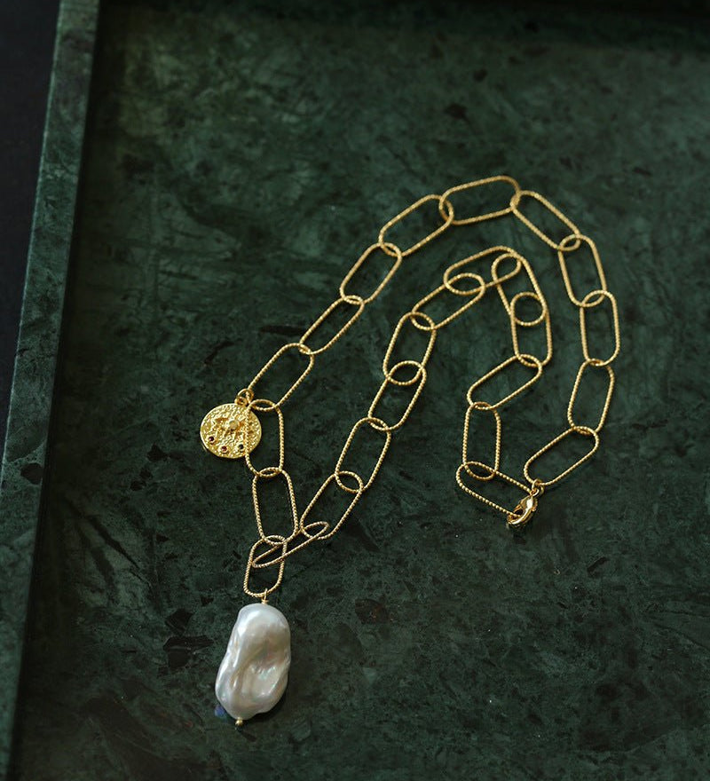 Metal Thick Chain Baroque Pearl Pendant Necklace - floysun