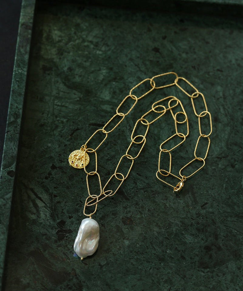Metal Thick Chain Baroque Pearl Pendant Necklace - floysun
