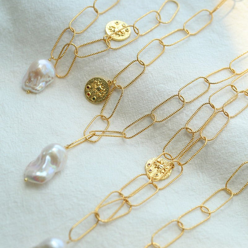 Metal Thick Chain Baroque Pearl Pendant Necklace - floysun