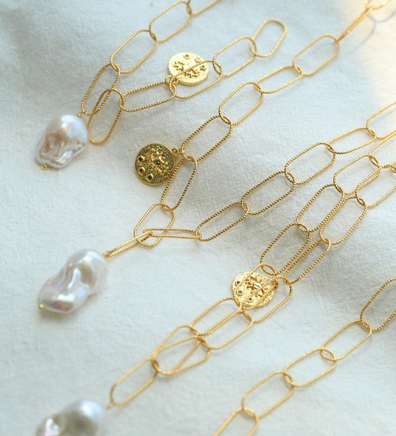Metal Thick Chain Baroque Pearl Pendant Necklace - floysun